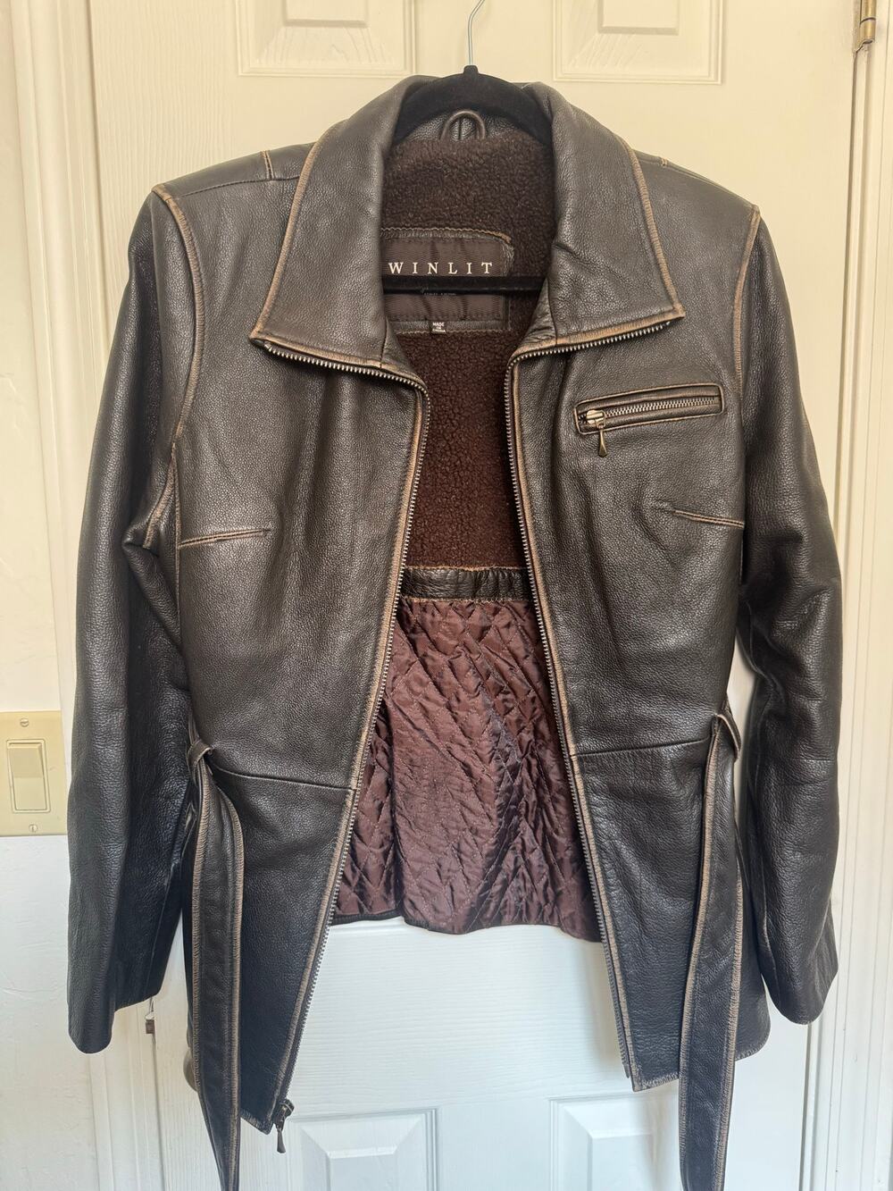 VTG WINLIT NY 80s90s Dark Brown Leather Womens Belted Jacket Sz Large Bikercore